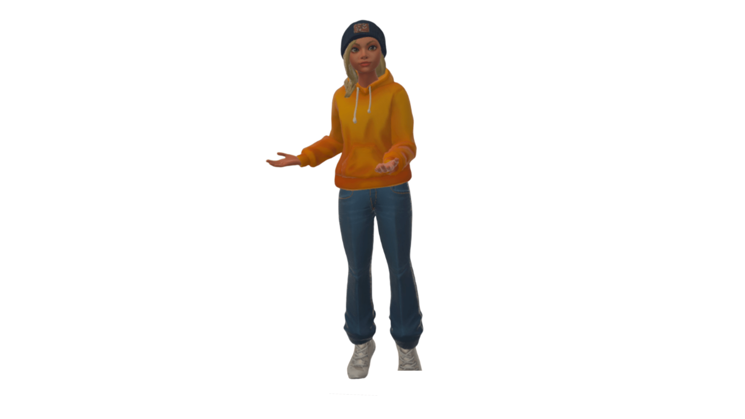 weiblicher Avatar mit gelbem Hoodie und Jeans